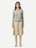 Women's Grey Cashmere Crew Neck Sweater worn by model, front view on white background