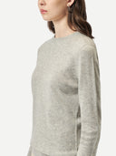 Women's Grey Cashmere Crew Neck Sweater worn by model, side view on white background