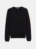 Women's Black Cashmere V-Neck Sweater detail view on white background