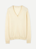Women's White Cashmere Essential V-Neck Sweater detail view on white background