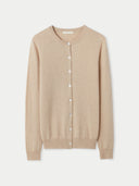 Women's Beige Cashmere Crewneck Cardigan  detail view on white background