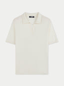 Women's Silk Cashmere Polo Shirt Whisper White worn by model, detail view on white background
