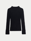 A black ribbed knit mock neck cashmere sweater with long sleeves and ribbed cuffs, displayed flat against a light gray background. #color_black