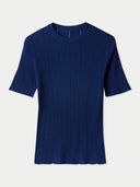 Women's Lace-Knit Cashmere Silk Top Mood Indigo  detail view on white backround