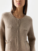 Women's Textured Knit Cashmere Jacket-Style Cardigan Warm Grey worn by model, detail view on white background
