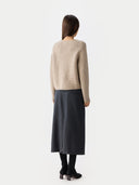 Women's Textured Knit Cashmere Jacket-Style Cardigan Warm Grey worn by model, back view on white background