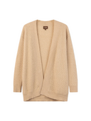 Natural Color Ajour Knit Open-Front Cashmere Cardigan in beige with ribbed cuffs and hem, featuring a delicate Ajour knit texture.