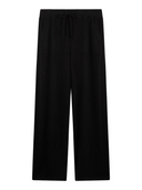 Black wide-leg trousers with an elastic drawstring waistband, displayed flat against a light gray background.