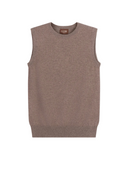 Timeless Natural Color Cashmere Crewneck Vest in taupe, featuring soft Mongolian cashmere for a refined look.
