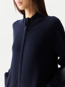 Timeless Cashmere Full-Zip Cardigan Navy Blazer worn by model, detail view, on white background