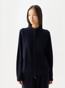 Timeless Cashmere Full-Zip Cardigan Navy Blazer worn by model, front view, on white background