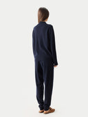 Timeless Cashmere Full-Zip Cardigan Navy Blazer worn by model, back view, on white background