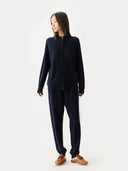 Timeless Cashmere Full-Zip Cardigan Navy Blazer worn by model, front view, on white background