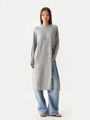 Women’s Cashmere Side-Slit Maxi Dress High Rise worn by model front view on white background