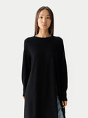 Women’s Cashmere Side-Slit Maxi Dress Black worn by model detail view on white background