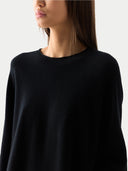 Women’s Cashmere Side-Slit Maxi Dress Black worn by model detail view on white background