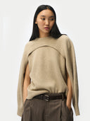 Women’s Warm Grey  Cashmere Crewneck Twin Set worn by model, detail view on white background