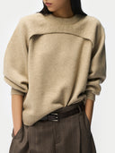 Women’s Warm Grey  Cashmere Crewneck Twin Set worn by model, detail view on white background