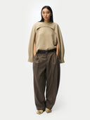 Women’s Warm Grey  Cashmere Crewneck Twin Set worn by model, front view on white background