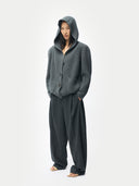 Women’s Grey  Wide-Shoulder Hooded Cashmere Cardigan worn by model, front view on white background