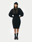 Women’s Black  Cashmere Sculptural Dressr worn by model, front view on white background