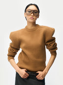Person wearing a Sculpted-Shoulder Cashmere Sweater Camel Brown on a white background