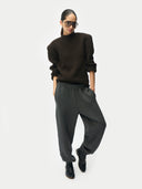 Women’s Mole Sculpted-Shoulder Cashmere Sweater worn by model, front view on white background