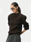 Women’s Mole Sculpted-Shoulder Cashmere Sweater worn by model, detail view on white background
