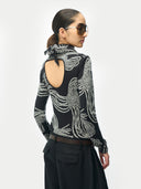 Rope Knot Print Cashmere Silk Sweater Black worn by model, back view, on white background