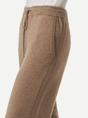 Women's Cashmere Straight Leg Jogger Taupe  worn by model, detail
 view on white background