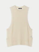A sleeveless knit vest in a white color, featuring a fine mesh-like texture and a crew neck, laid flat against a light gray background. #color_white