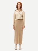 Women's Beige  Cashmere Midi Skirt worn by model, front view on white background