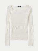 An off-white ribbed knit sweater with a wide boat neckline, long sleeves, and ribbed cuffs and hem, shown flat against a light gray background. #color_pure-white