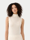 A sleeveless ribbed knit mock neck top in cream, shown flat against a light gray background. #color_cream-white