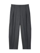 Barrel-Leg Cashmere Pants in charcoal color with tailored waistband and deep pleats for modern styling.