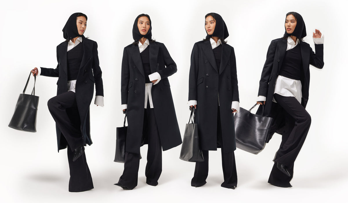 Collage of men and women wearing GOBI cashmere outdoors, with close-ups of a navy half-zip and folded sweaters