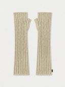 A pair of ribbed knit fingerless gloves in a white color, displayed flat against a clean white background.