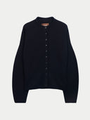 A dark navy blue knit cardigan sweater with a button-up front, displayed on a light gray background.