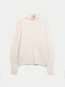 A cream-colored knit turtleneck sweater with long sleeves, displayed on a clean, light gray background.