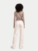 Women's  C-Neck  Cashmere Sweater Taupe worn by model,back view on white background