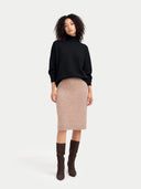 Women Black T-Neck Cashmere Sweater worn by model, front view, on white background