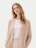 Women's Ajour Knit Open-Front Cashmere Cardigan Beige worn by model, detail view on white background