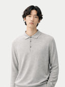 Man wearing a gray long-sleeve polo shirt against a white background. #color_urban-gray