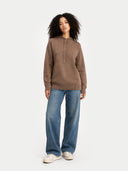 Women's Cashmere Pullover Hoodie Taupe worn by model, front view on white background