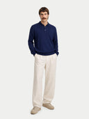 Men's Navy Cashmere Polo Sweater worn by model, front view on white background
