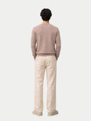 Men's Cashmere Silk C-Neck Sweater Taupe worn by model, back view on white background