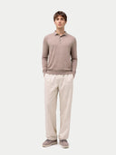 Men Classic Polo Shirt with Long Sleeve Taupe worn by model, front view on white background