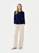 Women's Navy Cashmere Crewneck Cardigan  worn by model, front view on white background