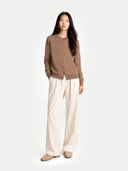 Women's Taupe Cashmere Crewneck Cardigan worn by model, front view on white background