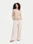 Women's Beige Cashmere Full-Zip Cardigan worn by model, front view on white background